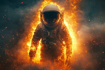 An Astronaut Emerges From Flames, Symbolizing Courage And Exploration Amidst Chaos.