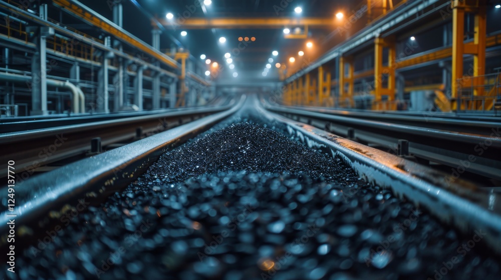 Aufkleber coal piles are visible along the railway tracks in an industrial area with bright overhead lights il