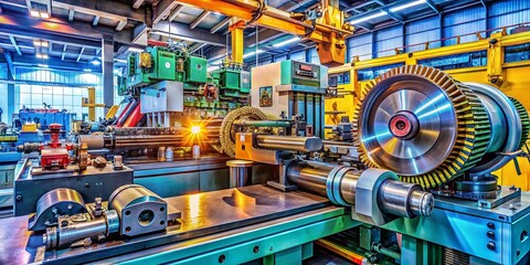 Naklejka premium Panoramic Industrial Machinery Close-up: Complex Mechanisms & Precise Engineering