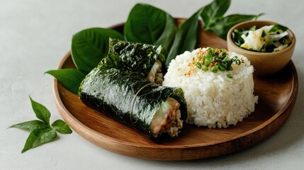 Vietnamese fish in betel leaves with rice and vegetables. Hawaiian laulau