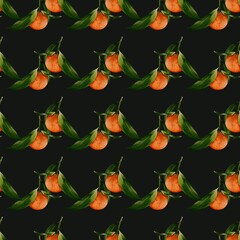 Watercolor pattern design featuring tangerines and vibrant green leaves on a dark background