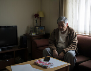 明かりのついていない部屋で座ってぼんやり虚ろな表情を浮かべる老人  An old man sitting in an unlit room with a vague, empty expression on his face.