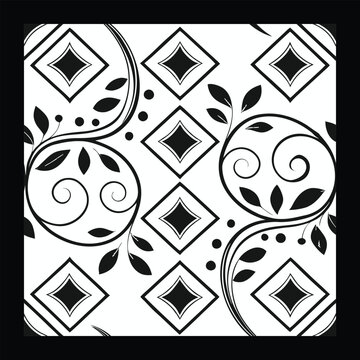 Luxurious Black and White Floral Vector Pattern | Decorative Geometric Tile Design for Fashion, Fabric, Interior, Carpet, and Graphic Art | Timeless Digital Texture with Classic Elegance
