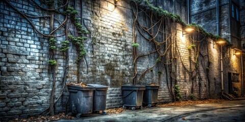 Urban Alley with Overgrown Vines and Street Lighting at Night