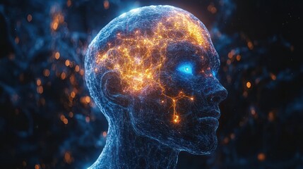 Glowing energy flows within a human head, visualizing brain activity and intelligence.