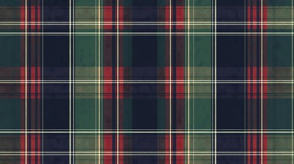 A traditional tartan plaid design with bold contrasting shades of green navy and red