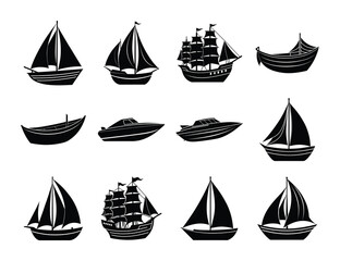 Set of sailing ships and boats silhouette on white background 