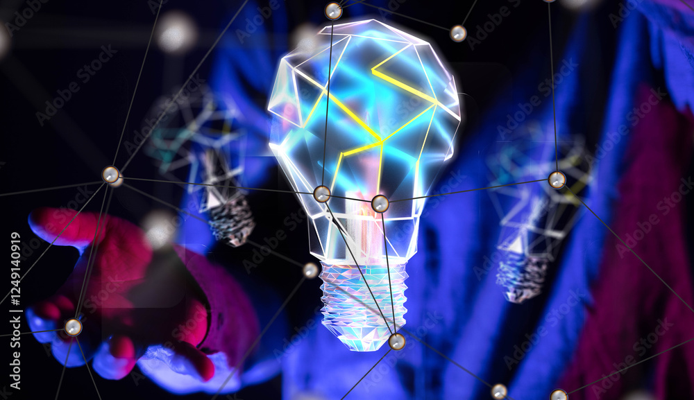 Poster Neural network 3D illustration. Big data and cybersecurity