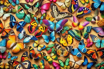 Fototapeta premium Panoramic View of Colorful Butterflies: Vibrant Patterns & Textures on Solid Background