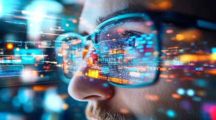 Focus on digital data analysis with glasses reflecting vibrant information in a modern workspace
