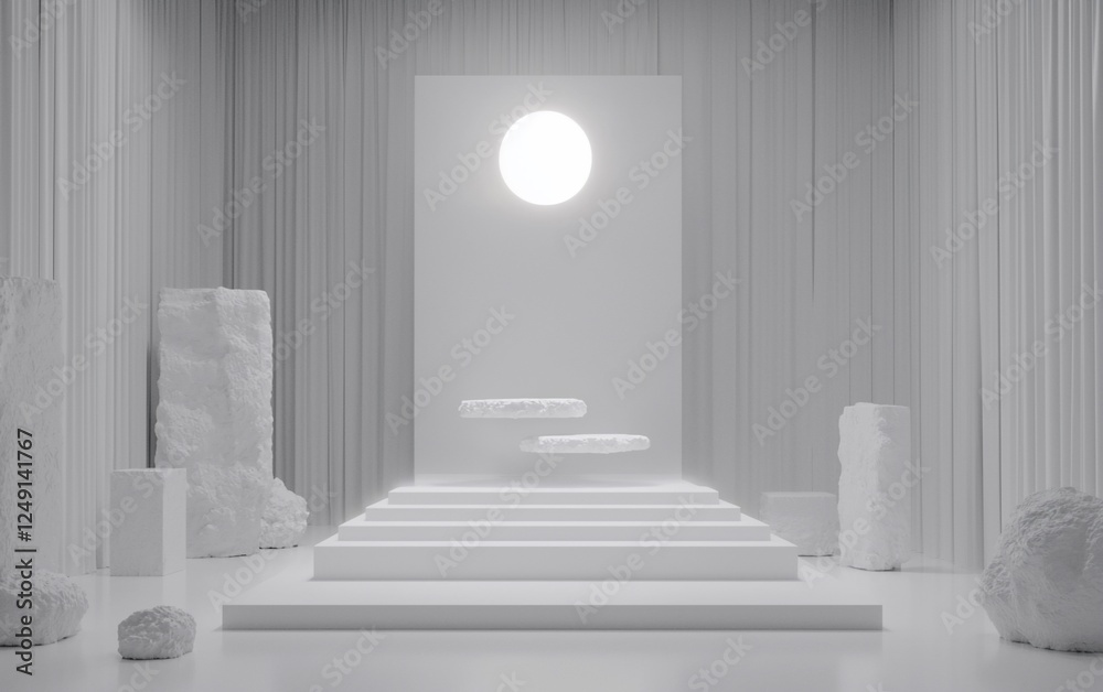Poster minimalist white stage with abstract shapes, product display, 3d render