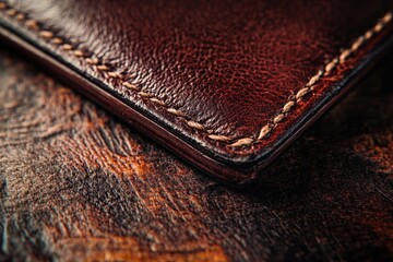 Close up of a brown leather wallet on a rustic wooden table, showcasing quality and craftsmanship.