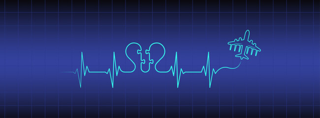 Obraz premium Editable line blue ekg monitor, cardio diagnosis, puzzle heart, airplane vector. Heart rhythm line vector design to use for healthcare, healthy lifestyle, medicine, ekg, ecg illustration projects. 