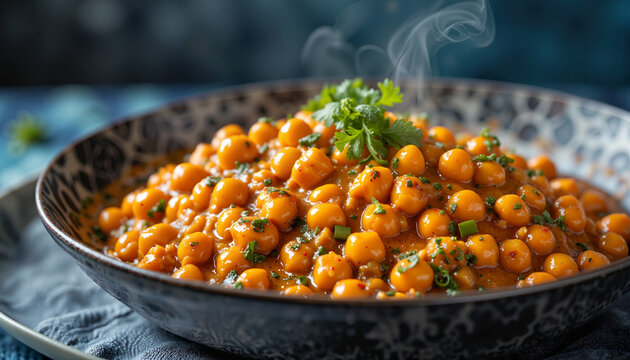 Vibrant chickpea curry steaming in a decorative bowl, culinary delight