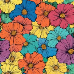 Vibrant blossoms arranged in a captivating seamless pattern. Ideal for fabric design, crafts, and backgrounds, showcasing an array of colorful flowers for a cheerful and artistic appeal.