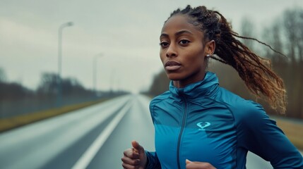 Obraz premium Woman jogging outdoors on a road, looking determined.