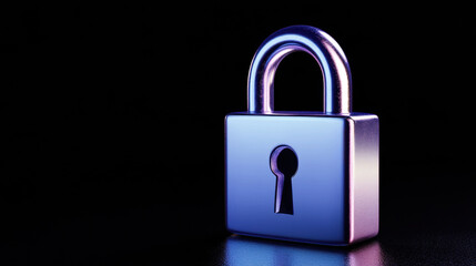Metallic Security: A gleaming, metallic padlock sits on a dark, reflective surface, radiating a cool, blue-purple glow. The padlock symbol of protection and privacy stands alone.