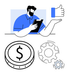 Businessman using tablet for planning, surrounded by dollar coin, gears, and thumbs-up. Ideal for business strategy, finance, teamwork, productivity, success digital solutions abstract line flat