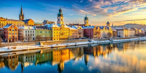 Naklejka premium Panoramic Winter Danube River Buildings Sunset Cityscape