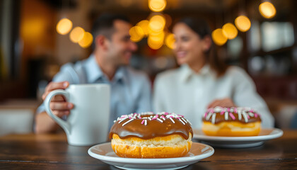 Donuts coffee blur background couple concept, minimalism. with white shades