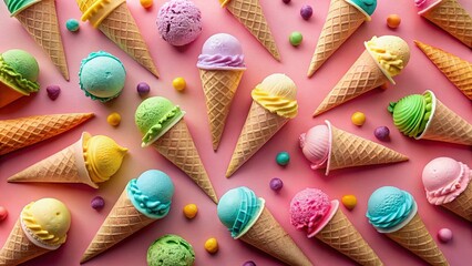 Pastel Ice Cream Cones Toppled on Pink: Delightful Summer Treat Stock Photo