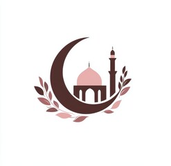 Crescent moon, mosque, and leaves design.