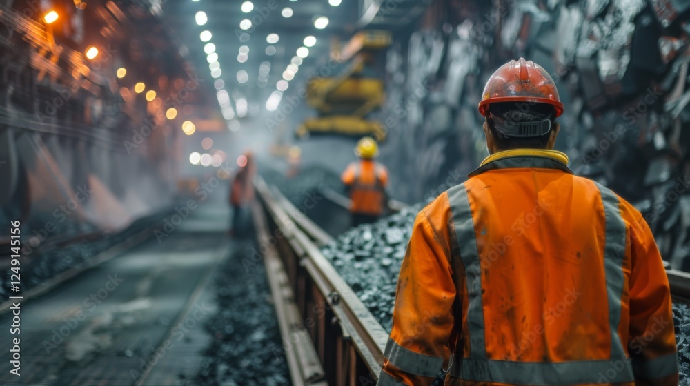 Poster miners in bright safety gear work diligently in a dimly lit tunnel, surrounded by piles of coal and 