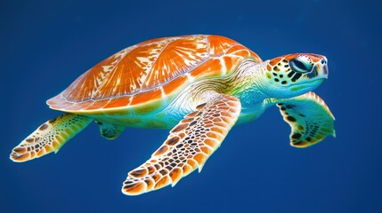 Sea turtle swimming gracefully in clear ocean water surrounded by coral reefs
