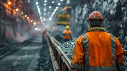 Miners in bright safety gear work diligently in a dimly lit tunnel, surrounded by piles of coal and active machinery, demonstrating the effort of coal extraction.