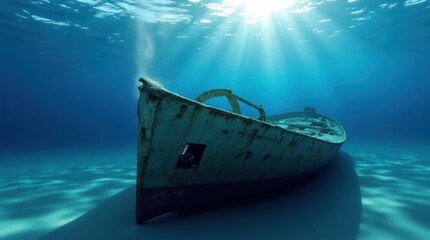 Fototapeta premium Sunken Shipwreck Reveals Underwater Mystery in Clear Ocean Water