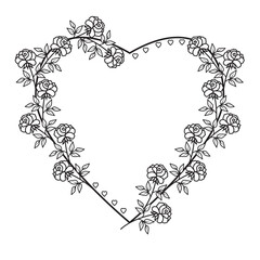 Linear heart frame made of roses. Sketch outline vector illustration
