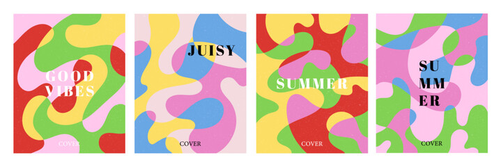 Summer bright illustrations set for poster, card, cover, label, banner in modern minimalist style with overlay effect. Modern and simple summer design templates. Vector stock graphic