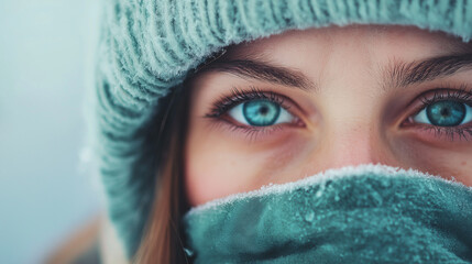 Expressive eyes of person in frosted winter gear against blurred urban backdrop