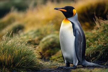 Fototapeta premium A Regal King Penguin Poses Against A Backdrop Of Vibrant Grasses, Reflecting Nature'S Beauty In A Tranquil Setting.