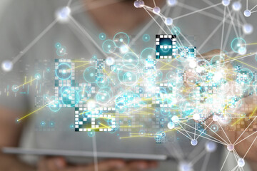 Neural network 3D illustration. Big data and cybersecurity