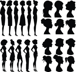 Set of female cameo silhouette with full and half body collection. Side view woman or leady face and body shape. Fashionable female model black cameo silhouette art illustration.