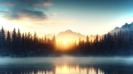 Dawn breaks over a tranquil lake surrounded by mountains and pine trees in serene 4k ambiance