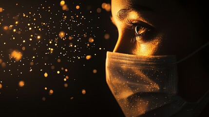 Close-up of a person in a mask with glowing particles, symbolizing health awareness.