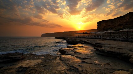 Serene sunset over rocky coastline with beach loungers and dramatic clouds in the background
