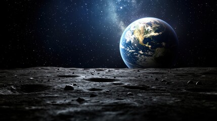 View of Earth from the Moon's surface, showcasing lunar landscape and starry background