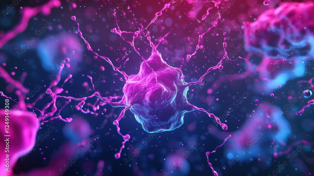 Poster glowing cell emitting particles in a digital background representing biotechnology