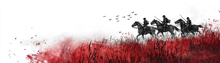 Fototapeta premium Three horsemen ride through a field of red, creating a striking contrast against a white backdrop, evoking a sense of adventure and intensity, Casimir Pulaski Day