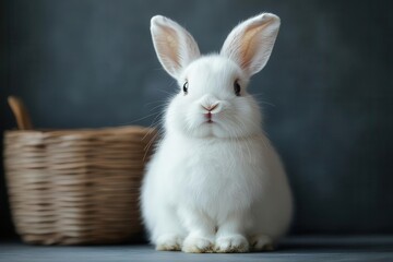 Obraz premium white mini lop rabbit in studio setting soft side lighting textured fur detail minimalist gray gradient background elegant pose