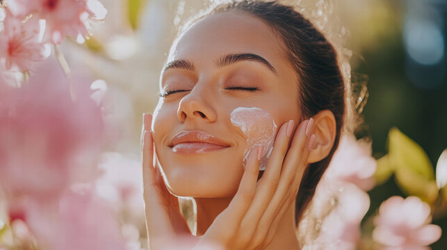 woman enjoying skincare routine surrounded by blooming flowers, radiating joy and relaxation. Her glowing skin reflects commitment to self care and beauty