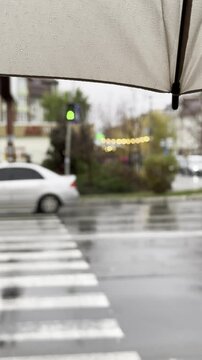Rainy day walk under umbrella in city street