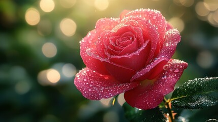 Dew-kissed rose, garden sunrise, bokeh background; romantic card