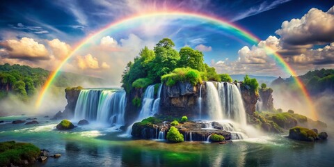 Rainbow Waterfall Cascade, Misty Clouds, Floating Islands - Macro Photography