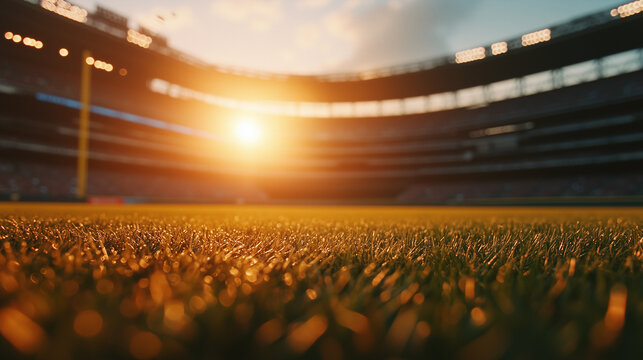 setting sun casting a warm glow over a baseball stadium,