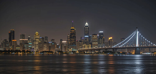 Obraz premium A panoramic night view of Mumbai’s skyline with illuminated skyscrapers. The Bandra-Worli Sea Link stretches across the Arabian Sea, glowing with white lights, while reflections shimmer on the water.