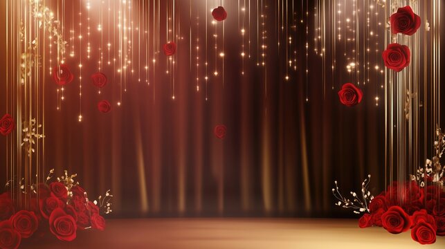 Glamorous red - rose themed background with golden streamers and sparkling lights, perfect for Valentine's Day event designs and wallpaper.